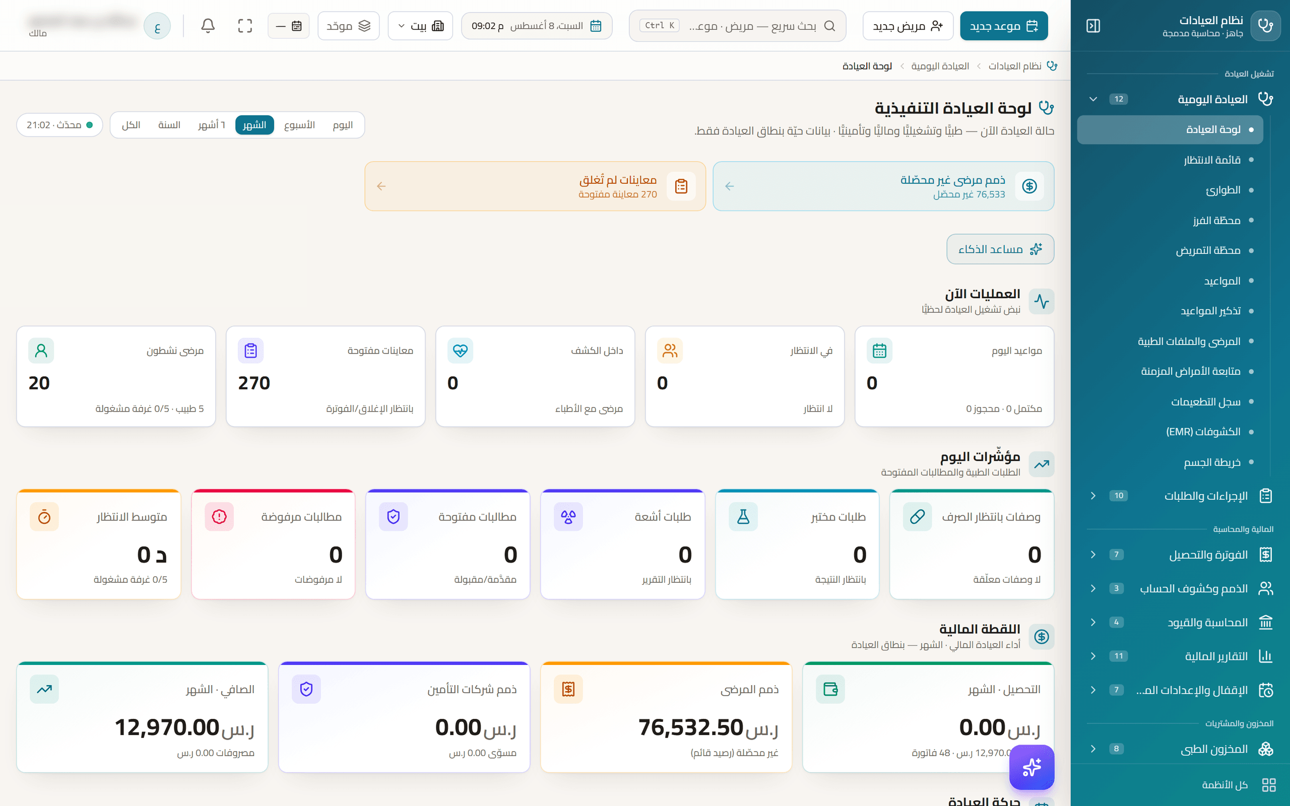 The Web Clinic executive dashboard showing live clinic indicators, waiting queue, doctor status and revenue analytics
