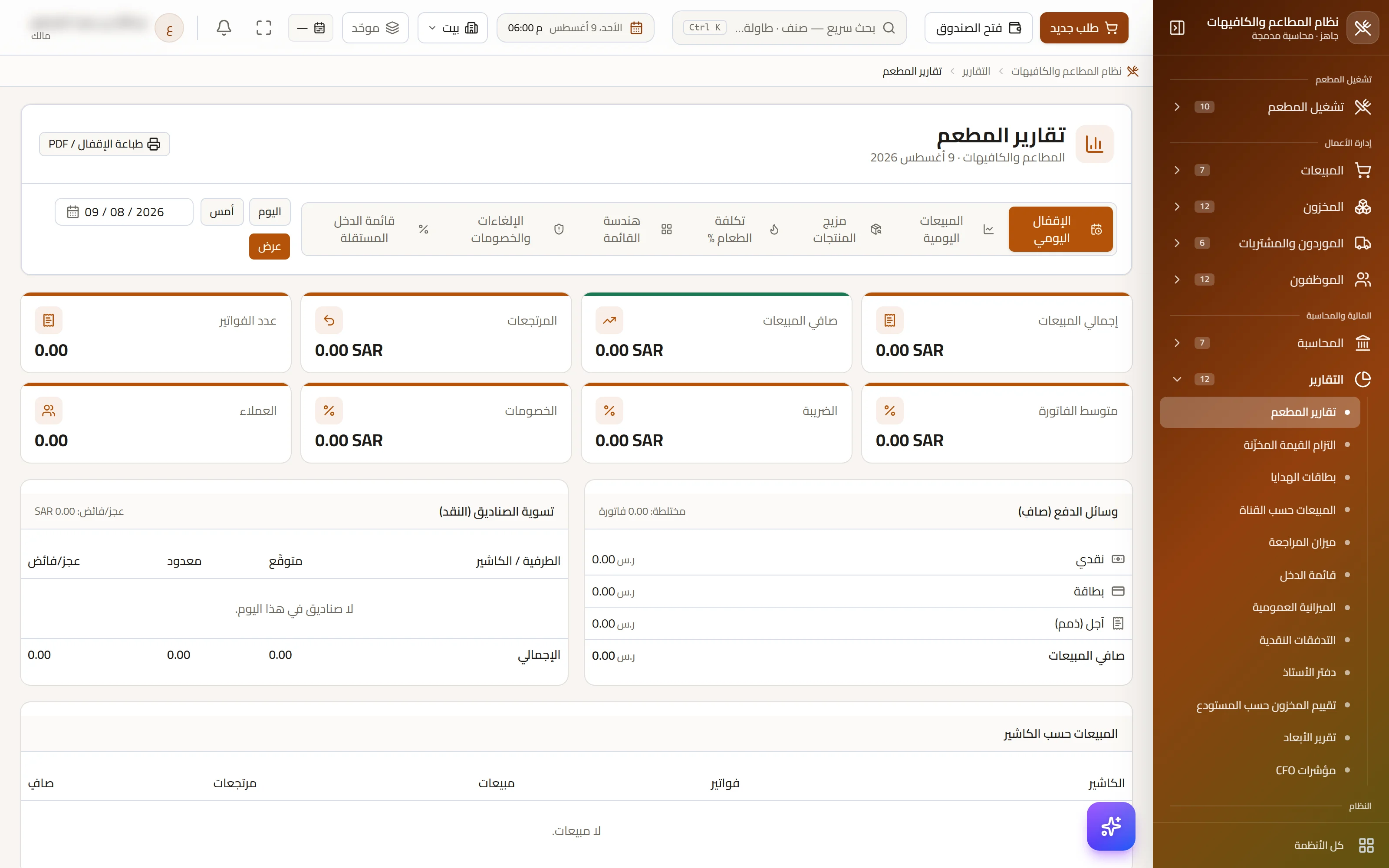 تقاريرُ المطعم — الإقفالُ اليوميُّ ومزيجُ المبيعات وأداءُ القنوات
