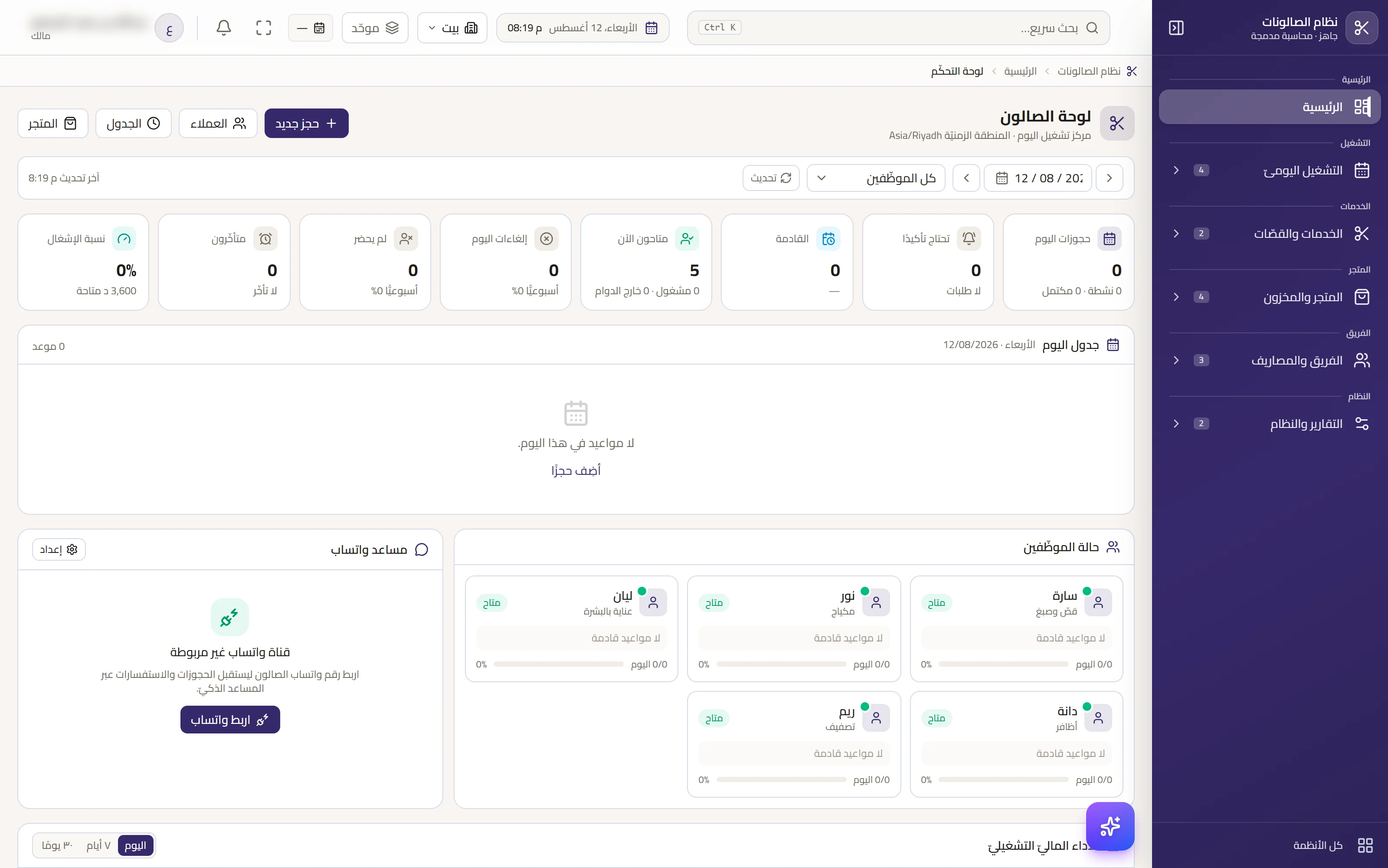 The Web Salon & Spa dashboard — sales, margin, inventory value, and operational alerts for expiry and shortages